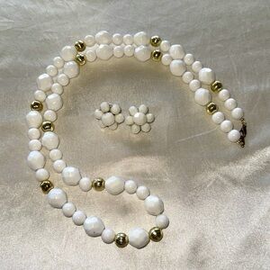 Vintage White Gold Faceted Bead Necklace Matching Bead Button Style Earrings Set